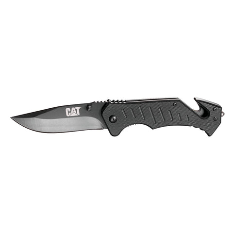 CAT 200MM DROP POINT FOLDING KNIFE W/GLASS BREAK & BELT CUTTER