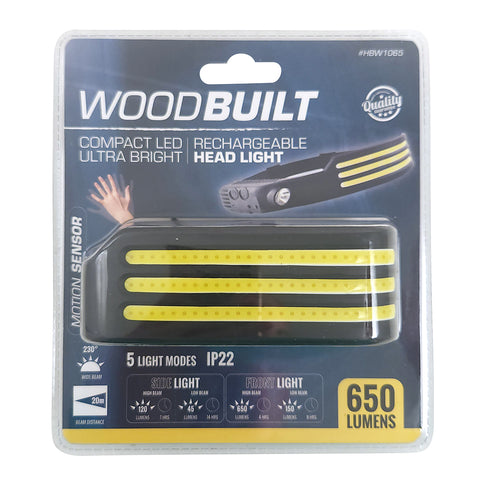 Woodbuilt Rechargeable LED Head Light 650 Lumen with Motion Sensor